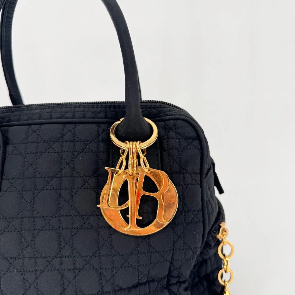 Vintage Dior Lady Dior Nylon Handbag Black Quilted Cannage Gold Charm Classic